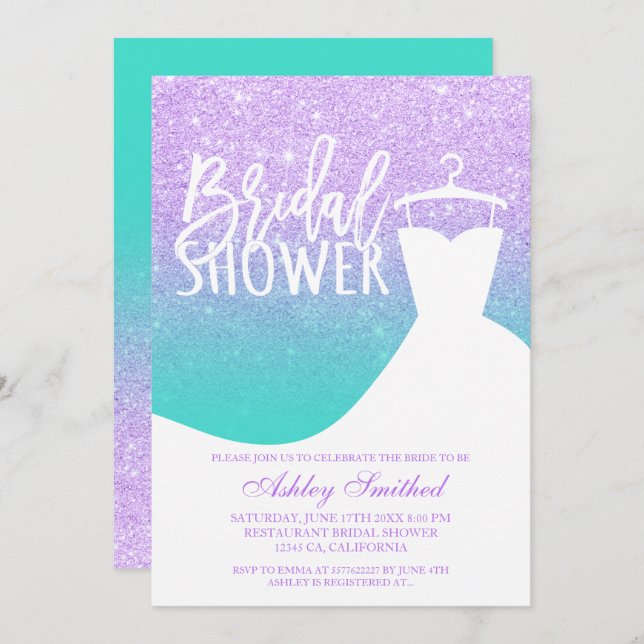 Lavender turquoise mermaid dress Bridal shower Invitation (Front/Back)