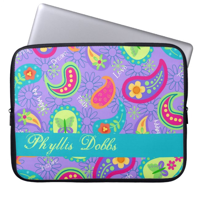 Lavender Turquoise Modern Paisley Pattern Laptop Sleeve (Front)