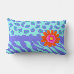 Lavender & Turquoise Zebra & Cheetah Orange Flower Lumbar Cushion