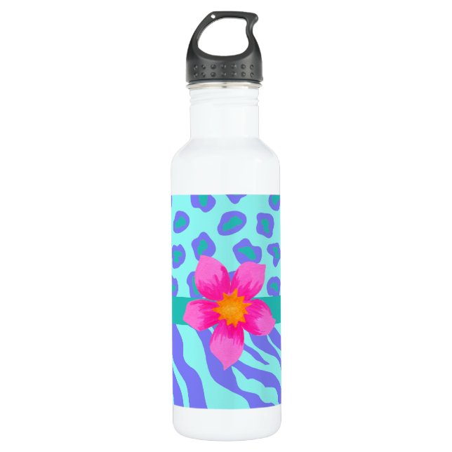 Lavender & Turquoise Zebra & Cheetah Pink Flower 710 Ml Water Bottle (Front)