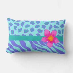 Lavender & Turquoise Zebra & Cheetah Pink Flower Lumbar Cushion
