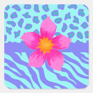 Lavender & Turquoise Zebra & Cheetah Pink Flower Square Sticker