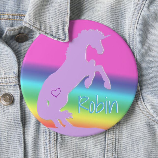 Lavender Unicorn Silhouette (rainbow/personalise) 6 Cm Round Badge (In Situ)