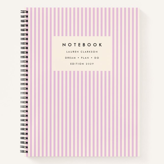 Lavender Vertical Striped, Cream Background Notebook (Front)