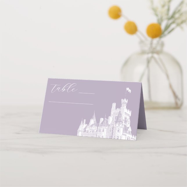 Lavender Vintage Castle Illustration Wedding Place Card (Front)