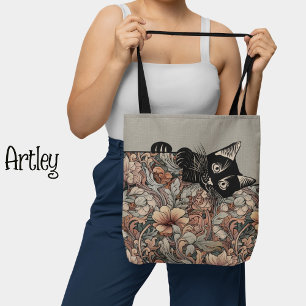 Lavender Vintage Floral Art Nouveau Cute Black Cat Tote Bag