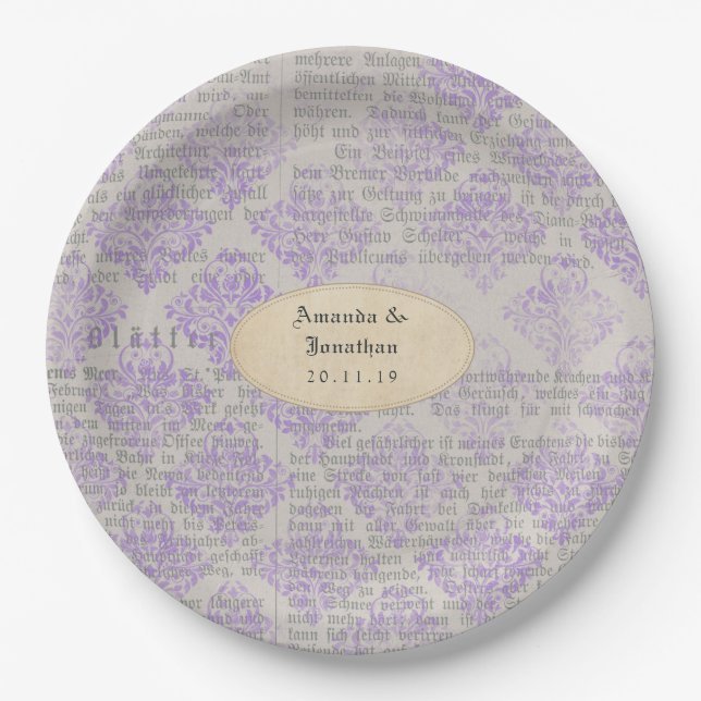 Lavender Vintage Newspaper Wedding Paper Plate (Front)