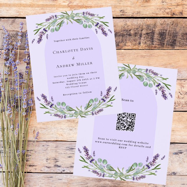 Lavender violet arch QR budget wedding invitation (Creator Uploaded)