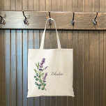 Lavender violet eucalyptus greenery flowers name tote bag<br><div class="desc">White background,  decorated with lavender flowers and eucalyptus greenery.
Personalise  and add your name. Black letters.</div>