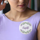 Lavender violet eucalyptus name script 3 cm round badge<br><div class="desc">A chic white background. Decorated with lavender,  violet florals flowers and watercolored eucalyptus greenery. Personalize and add a name.</div>
