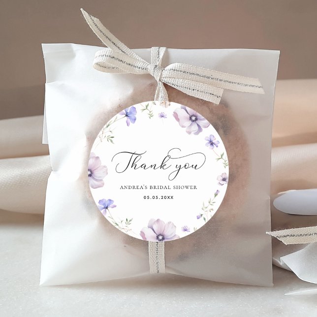 Lavender Violet Floral Bridal Shower Thank You Classic Round Sticker (Creator Uploaded)