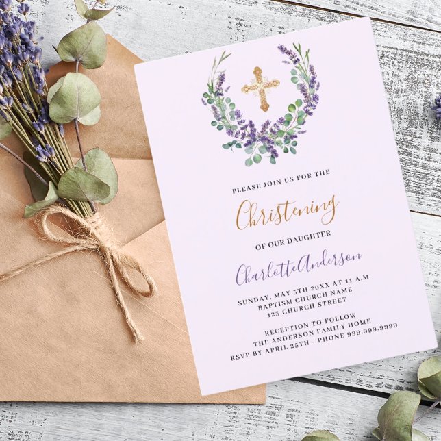 Lavender violet floral girl gold cross Christening Invitation (Creator Uploaded)