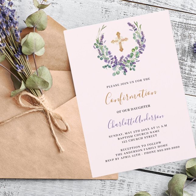 Lavender violet floral greenery cross Confirmation Invitation (Creator Uploaded)
