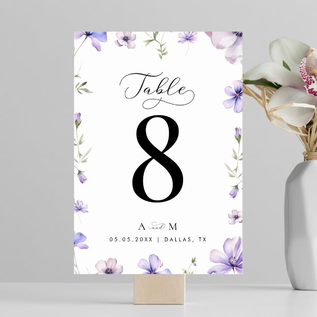 Lavender Violet Floral Script Monogram Wedding Table Number (Creator Uploaded)