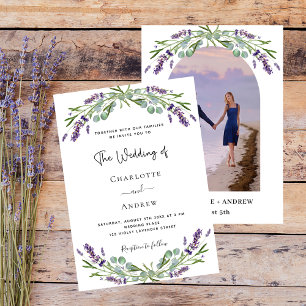 Lavender violet florals arch photo wedding invitation