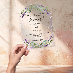 Lavender violet florals eucalyptus arch wedding acrylic invitations