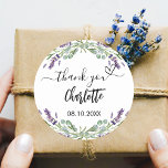 Lavender violet florals eucalyptus thank you classic round sticker<br><div class="desc">A stylish white background decorated with lavender flowers and eucalyptus greenery.  Personalize and add your name and a date or event.  With the text: Thank you and a heart</div>