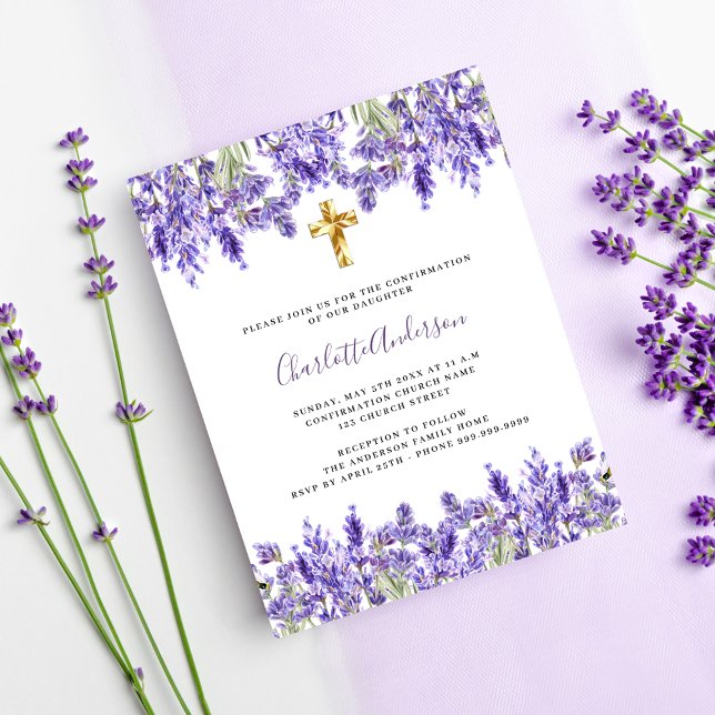 Lavender violet florals gold cross Confirmation Invitation Postcard (Creator Uploaded)