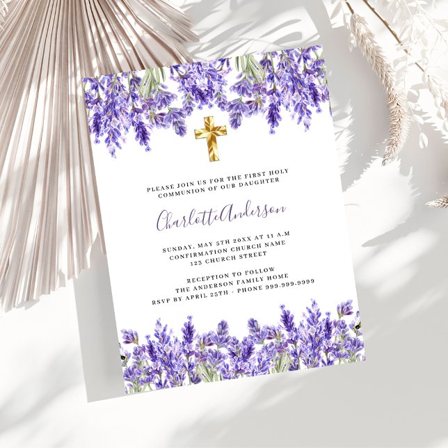Lavender violet florals gold cross First Communion Invitation Postcard (Creator Uploaded)