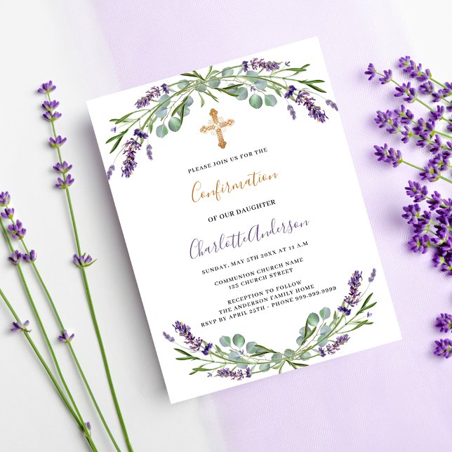 Lavender violet florals greenery Confirmation Invitation Postcard (Creator Uploaded)