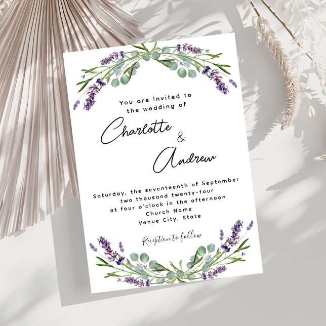 Lavender violet florals greenery script wedding invitation (Creator Uploaded)