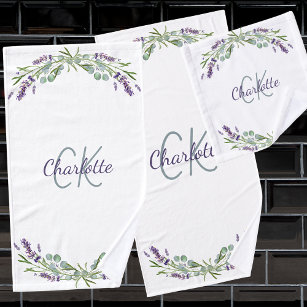Lavender violet florals monogram name elegant bath towel set