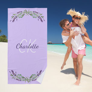 Lavender violet florals monogram name elegant beach towel