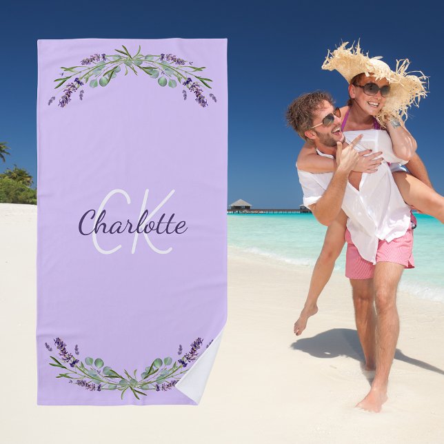 Lavender violet florals monogram name elegant beach towel (Creator Uploaded)
