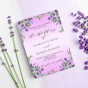 Lavender violet florals pink greenery wedding invitation