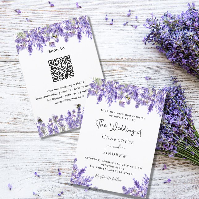 Lavender violet florals QR RSVP details wedding Invitation (Creator Uploaded)