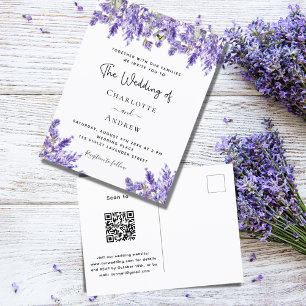 Lavender violet florals QR RSVP details wedding Invitation Postcard