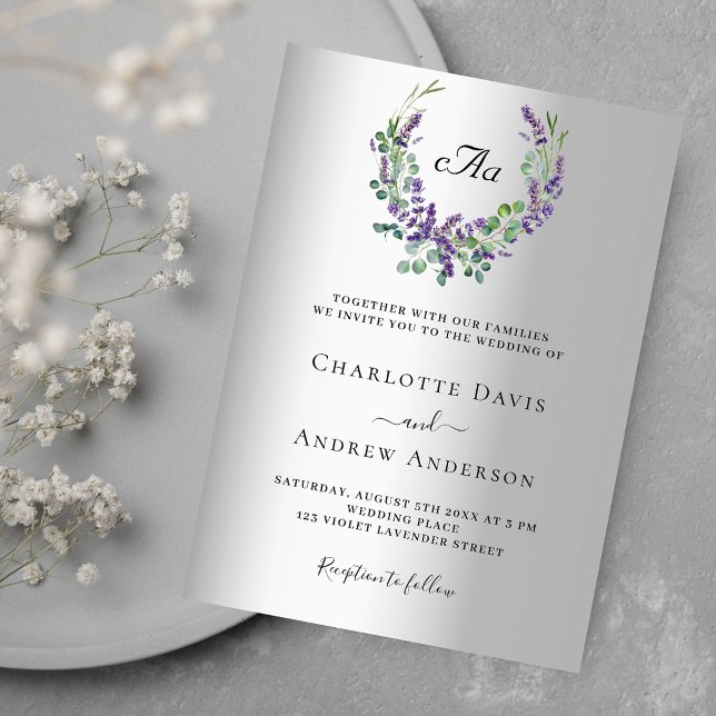 Lavender violet florals silver monogram wedding invitation (Creator Uploaded)