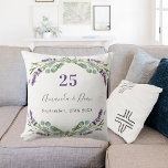 Lavender violet florals wedding anniversary cushion<br><div class="desc">White background,  violet,  green and black text. Decorated with lavender flowers,  and eucalyptus greenery.   Personalise and add your names and the wedding date or anniversary date.</div>
