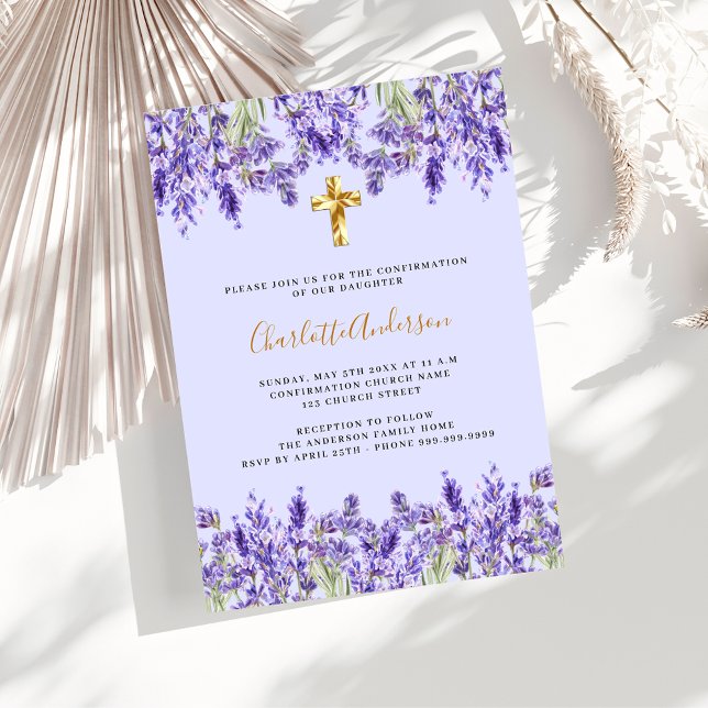 Lavender violet flowers cross luxury Confirmation Invitation (Creator Uploaded)