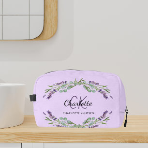 Lavender violet flowers greenery name monogram dopp kit