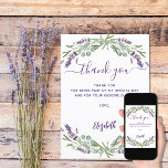 Lavender violet flowers thank you card<br><div class="desc">An elegant birthday thank you card. A white background,  decorated with lavender,  violet flowers and eucalyptus greenery. On front large hand lettered script and the text: Thank You.
Personalise and add Your thank you note and name. The name is written with a modern hand lettered style script.</div>