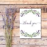 Lavender violet flowers thank you card<br><div class="desc">A feminine and elegant birthday thank you card. A white background, decorated with lavender, violet flowers and eucalyptus greenery. On front large hand lettered script and the text: Thank You. Back: Personalise and add Your thank you note and name. The name is written with a modern hand lettered style script....</div>