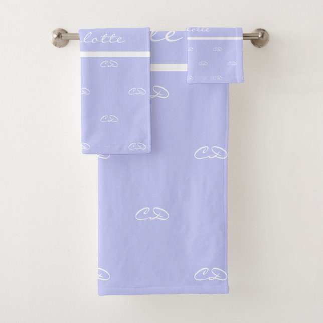 Lavender violet monogram initials pattern name bath towel set (Insitu)