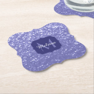 Lavender violet sparkles glitter bling Monogram Paper Coaster
