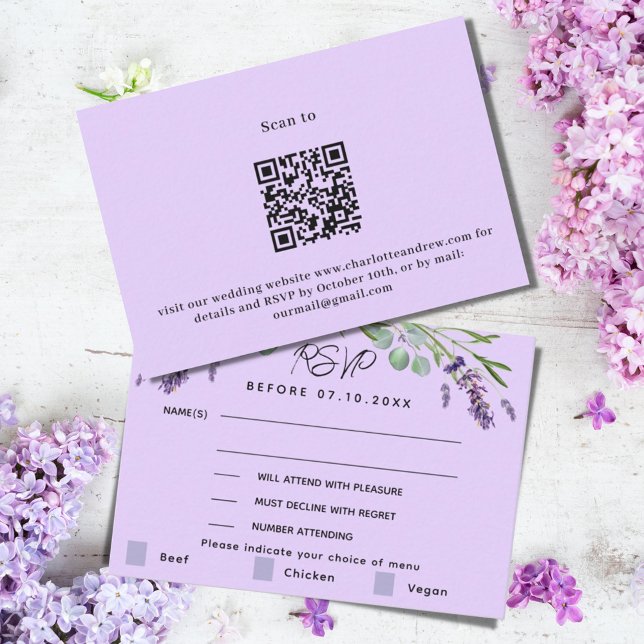Lavender violet wedding menu QR response RSVP (Creator Uploaded)