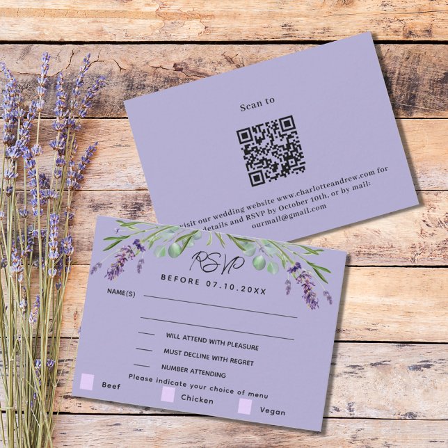 Lavender violet wedding menu QR response RSVP card (Creator Uploaded)