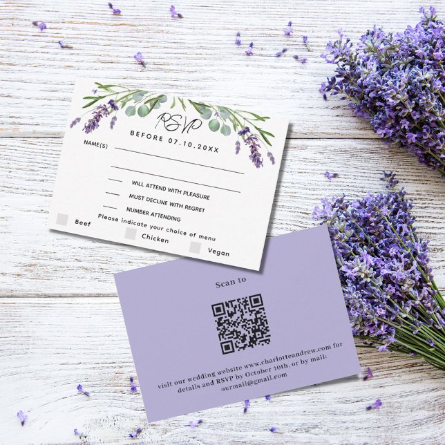 Lavender violet wedding menu QR response RSVP card (Creator Uploaded)