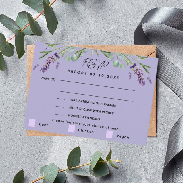 Lavender violet wedding menu response RSVP (Creator Uploaded)