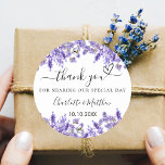 Lavender violet wedding thank you classic round sticker<br><div class="desc">A stylish white background decorated with watercolored lavender flowers.  Personalise and add your names and wedding date. With the text: Thank you for sharing our special day.</div>