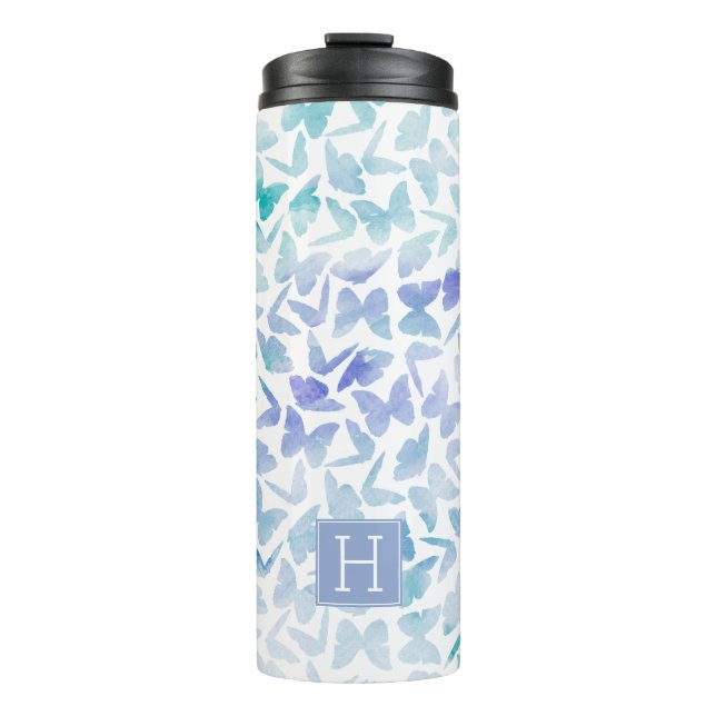 Lavender Watercolor Butterflies Monogrammed Thermal Tumbler (Front)
