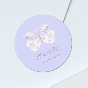Lavender Watercolor Butterfly 1st Birthday Party Classic Round Sticker