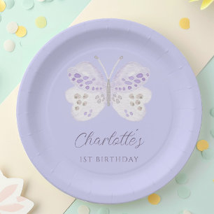 Lavender Watercolor Butterfly 1st Birthday Party Paper Plate