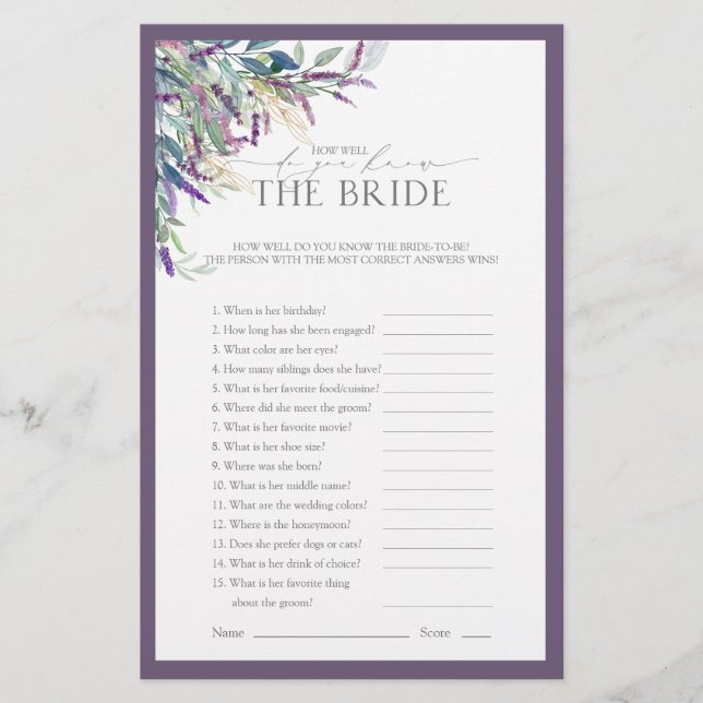 Lavender Watercolor Floral Bridal Shower Game (Front)