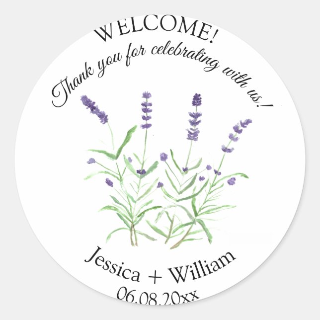 Lavender Watercolor Floral Modern Wedding Classic Round Sticker (Front)