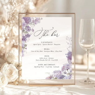 Lavender Watercolor Floral Wedding Bar Menu Pedestal Sign